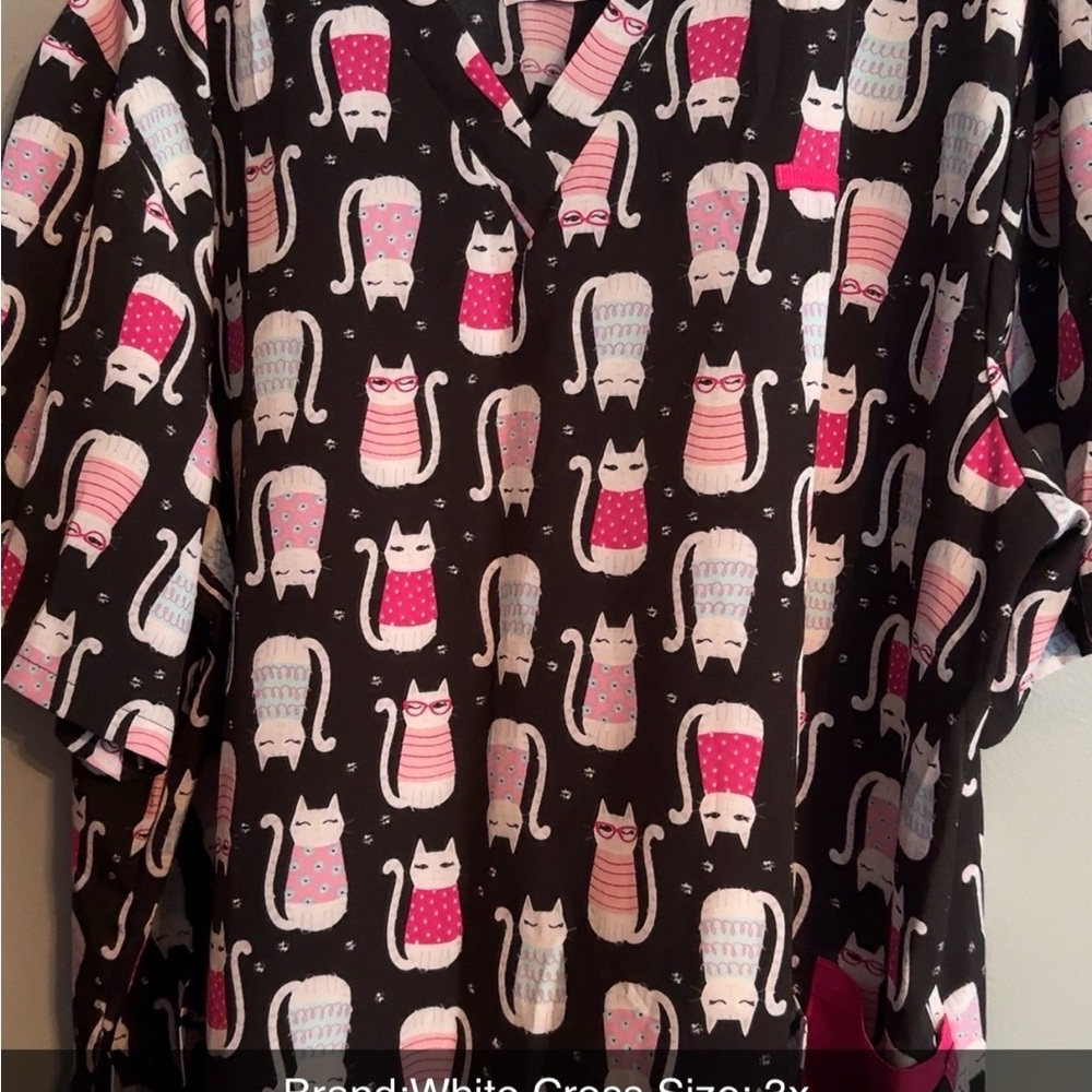 White Cross Black and Pink Cat Print Top